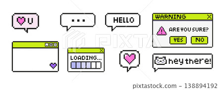Pixel ui chat windows messages hearts and retro interface elements in 8 bit style Pixel ui chat windows messages hearts and retro interface elements in 8 bit style 138894192