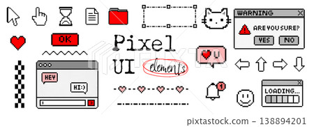 Pixel ui elements set with cursor icons chat windows hearts and retro red interface design 138894201
