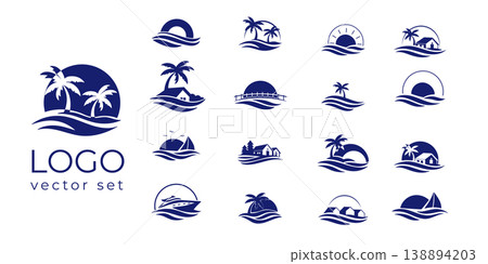 sunrise luxury waterfront logo set palm house wave ocean tropical beach branding collection 138894203