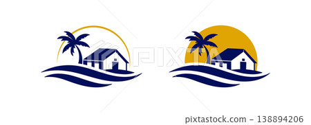 sunrise luxury waterfront house palm island wave logo tropical real estate branding 138894206