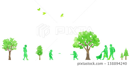 A park scene with green trees and people - watercolor illustration 138894240