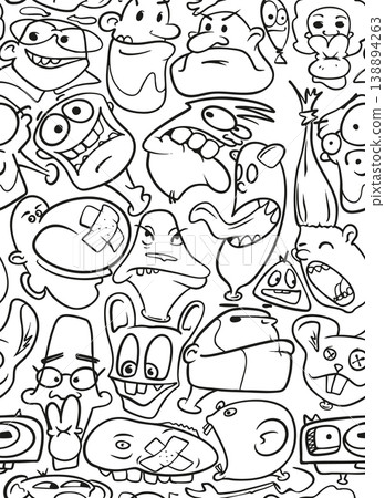 Seamless hand-drawn illustrations with faces, doodle style pattern with hand-drawn monster characters Seamless hand-drawn illustrations with faces, doodle style pattern with hand-drawn monster characters 138894263