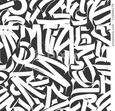 White brush calligraphy symbols seamless pattern on black background. Decorative ornamental composition. Vector illustration. 138894270