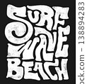 Surf style handwritten lettering Surf Wave Beach with grunge texture sand grain and dot details 138894283