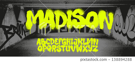 Urban graffiti spray paint alphabet with drips, street art lettering on grunge underground wall background, vector illustration 138894288