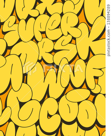 Seamless bubble graffiti font pattern urban typography background street art lettering spray paint hip hop repeat urban wall graffiti letters pattern yellow. 138894289