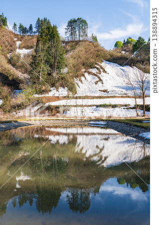 The lingering snow and fresh greenery reflected in the pond in early spring. The lingering snow and fresh greenery reflected in the pond in early spring. 138894315