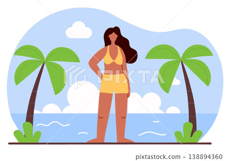 Woman in yellow swimsuit on the beach background of the shore. Vector illustration. Summer time 138894360