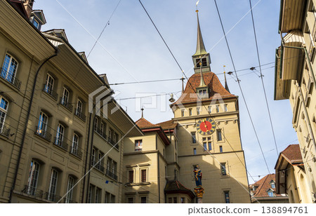 Baroque-style prison tower and Anna Seiler Fountain in the old town. Bern, Canton of Bern, Switzerland. Baroque-style prison tower and Anna Seiler Fountain in the old town. Bern, Canton of Bern, Switzerland. 138894761