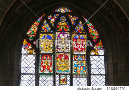 The Gothic ribbed vaults and stained-glass rose window inside Bern Cathedral. Bern, Canton of Bern, Switzerland. 138894791