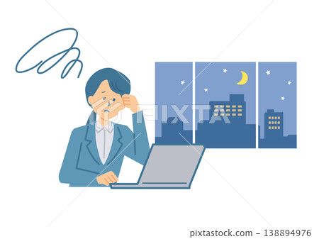 插圖描繪了一位正在加班的女上班族。 138894976