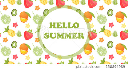 Summer banner with tropical fruits and leaves. Vector illustration. 138894989