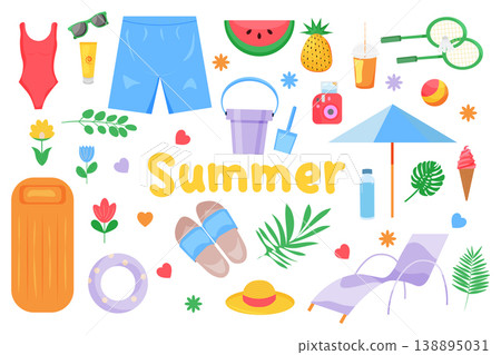A set of cute beach elements for a summer holiday. Summer vacation or tourism. illustration. A set of cute beach elements for a summer holiday. Summer vacation or tourism. illustration. 138895031