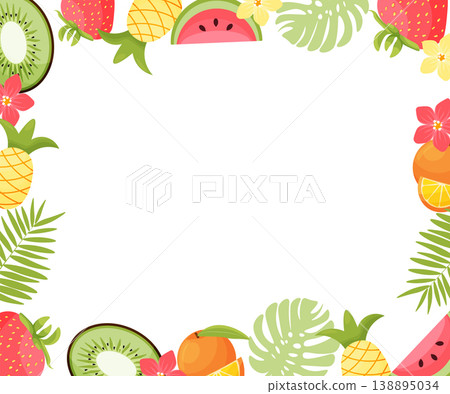Tropical fruits frame. Exotic fruity square border with copy space. vector illustration Tropical fruits frame. Exotic fruity square border with copy space. vector illustration 138895034