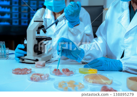 Team Food Safety Scientists Testing Meat Samples in Laboratory for Contamination and Chemical Residue Analysis. Team Food Safety Scientists Testing Meat Samples in Laboratory for Contamination and Chemical Residue Analysis. 138895279