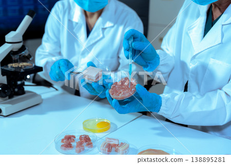 Team Food Safety Scientists Testing Meat Samples in Laboratory for Contamination and Chemical Residue Analysis. 138895281