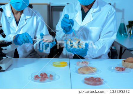 Team Food Safety Scientists Testing Meat Samples in Laboratory for Contamination and Chemical Residue Analysis. 138895282