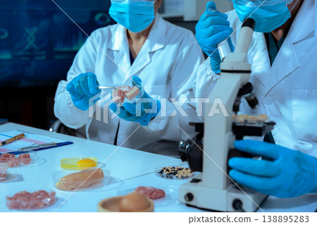 Team Food Safety Scientists Testing Meat Samples in Laboratory for Contamination and Chemical Residue Analysis. 138895283