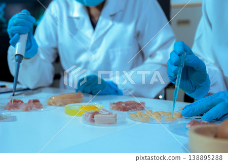 Team Food Safety Scientists Testing Meat Samples in Laboratory for Contamination and Chemical Residue Analysis. 138895288