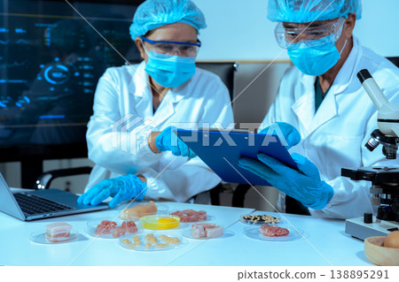 Team Food Safety Scientists Testing Meat Samples in Laboratory for Contamination and Chemical Residue Analysis. 138895291