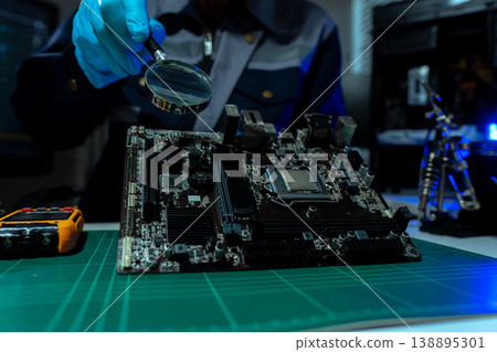 Computer Hardware Technician Repairing Motherboard with Soldering Iron in Electronics Lab. 138895301