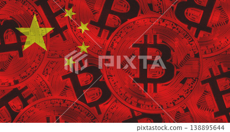 Bitcoins on China flag background. Golden bitcoin coins on China flag background Bitcoins on China flag background. Golden bitcoin coins on China flag background 138895644