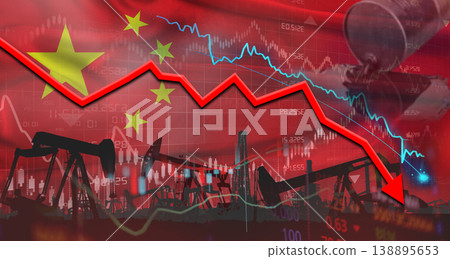 Fall oil price with Chinese flag on economic chart. Petrol crisis with China flag on financial graph Fall oil price with Chinese flag on economic chart. Petrol crisis with China flag on financial graph 138895653