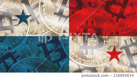 Bitcoin coins on Panama flag background. Golden bitcoin coins on Panama flag background Bitcoin coins on Panama flag background. Golden bitcoin coins on Panama flag background 138895654