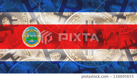 Bitcoins on Costa Rica flag background. Golden bitcoin coins on Costa Rica flag background Bitcoins on Costa Rica flag background. Golden bitcoin coins on Costa Rica flag background 138895655