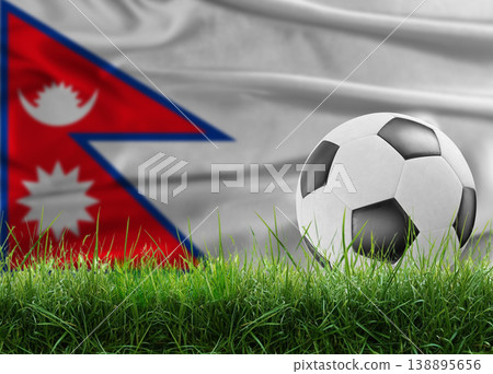 Soccer ball on pitch against Nepalese flag background. Soccer ball on the grass with Nepal flag in the background 138895656