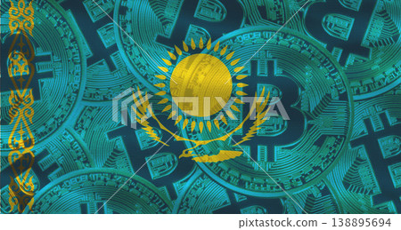 Bitcoin coins on Kazakhstan flag background. Golden bitcoin coins on Kazakhstan flag background 138895694