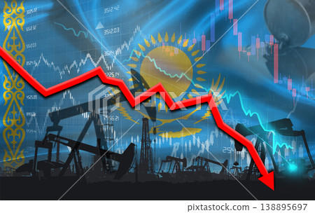 Crude crisis with Kazakh flag on financial graph. Fall oil price with flag of Kazakhstan on economic chart 138895697