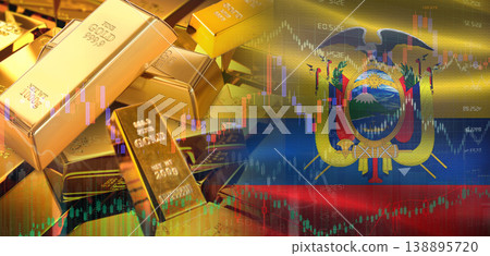 Gold bars stacked on Ecuadorian flag. Ecuador gold reserves, Concept 138895720