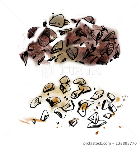 Scattered crushed nuts, chocolate chips decorative topping mix sprinkle. Isolated illustration hand drawn in watercolor. Bakery dessert recipes, confectionery branding, cake decorations, menu visuals Scattered crushed nuts, chocolate chips decorative topping mix sprinkle. Isolated illustration hand drawn in watercolor. Bakery dessert recipes, confectionery branding, cake decorations, menu visuals 138895770