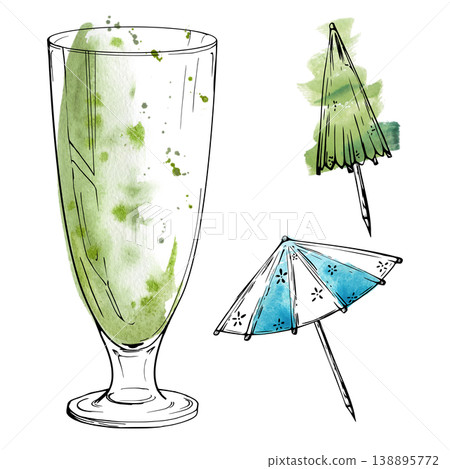 Tall hurricane cocktail glass with green detox drink, paper umbrellas. Isolated illustration hand drawn in watercolor and ink. Party invitations, summer menus, tropical event posters, bar advertising Tall hurricane cocktail glass with green detox drink, paper umbrellas. Isolated illustration hand drawn in watercolor and ink. Party invitations, summer menus, tropical event posters, bar advertising 138895772