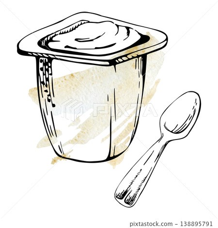 Yogurt, sour cream in plastic cup with disposable spoon, ready-to-eat healthy probiotic snack. Isolated illustration hand drawn in ink, loose watercolor fill. Dairy packaging, breakfast advertising 138895791