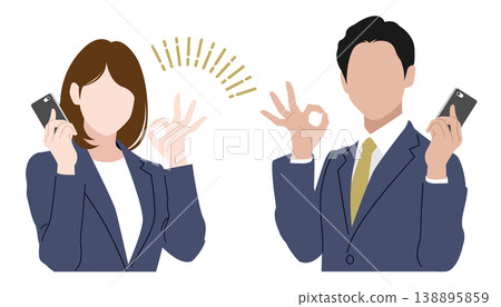 向量插圖，描繪了一男一女身著西裝，手持智慧型手機，做出「OK」手勢。商務風格。白色背景。 138895859