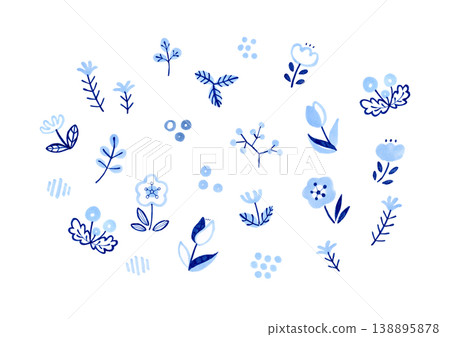可愛的北歐風藍色花卉插畫套裝（手繪插畫素材） 138895878