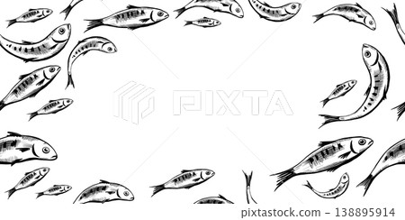 Sardine fish seamless frame in minimalist vector line art. Horizontal repeating border for mediterranean seafood menu design, marine website header, organic food packaging and nautical branding 138895914