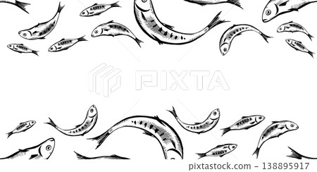 Sardine fish seamless frame in minimalist vector line art. Horizontal repeating border for mediterranean seafood menu design, marine website header, organic food packaging and nautical branding 138895917
