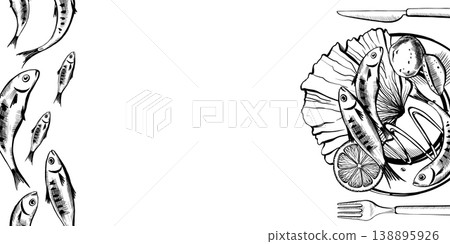 Sardine festival banner in minimalist vector line art. Horizontal layout for Spanish Entierro de la Sardina celebration, Mediterranean seafood feast menu, and nautical cultural event graphics 138895926