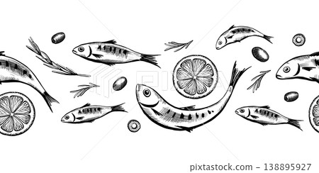 Mediterranean seafood seamless border in minimalist vector line art. Horizontal repeating pattern with sardines, lemon and herbs for organic food packaging, fish menu design and nautical branding 138895927