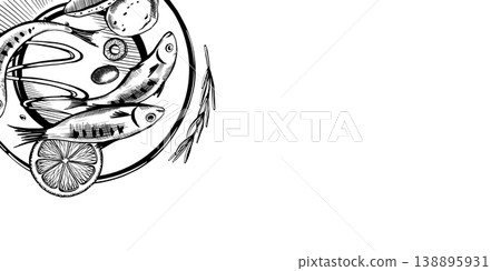 Sardine dish layout with copy space in minimalist black and white vector line art. Left side plate for artisanal food packaging, gourmet gift box design, seafood restaurant banner and blog graphics 138895931
