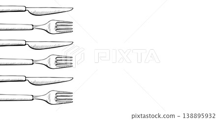 Cutlery vertical border in minimalist black and white vector line art. Repeating knife and fork for restaurant menu side decoration, catering service branding and dining etiquette layout graphics 138895932
