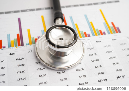 Stethoscope on chart or graph paper, Financial, account, statistics and business data medical health. Stethoscope on chart or graph paper, Financial, account, statistics and business data medical health. 138896006