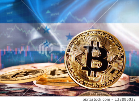 Bitcoin with Honduran flag in the background. Investors in cryptocurrency and Blockchain Technology in Honduras, Concept 138896032