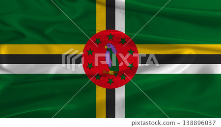 Flag of Dominica with fabric textured background. Close up of National flag of Dominica with realistic texture Flag of Dominica with fabric textured background. Close up of National flag of Dominica with realistic texture 138896037