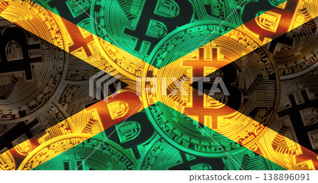 Bitcoin coins on Jamaica flag background. Golden bitcoin coins on Jamaica flag background Bitcoin coins on Jamaica flag background. Golden bitcoin coins on Jamaica flag background 138896091