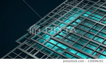 ayered square grid structure with turquoise light on dark background ayered square grid structure with turquoise light on dark background 138896281