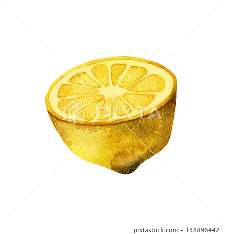 Half a lemon fruit watercolor illustration. Hand draw watercolor element isolated on white background Half a lemon fruit watercolor illustration. Hand draw watercolor element isolated on white background 138896442
